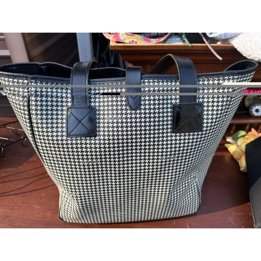 RALPH LAUREN Houndstooth Tote Bag Black Leather Trim Used